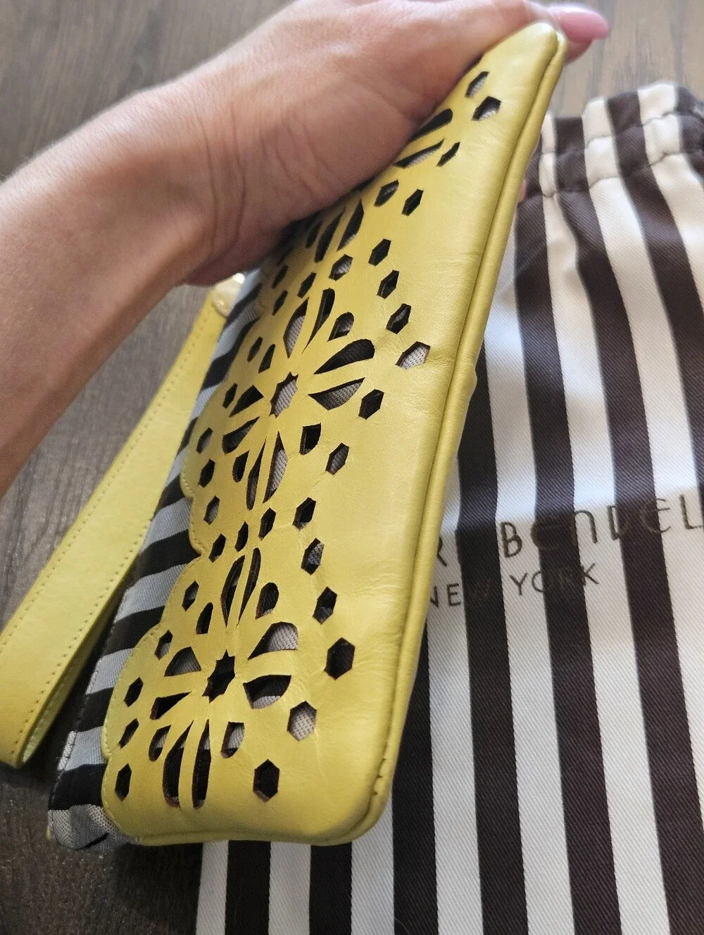 Henri Bendel Vibrant Yellow Laser Cut Floral Wristlet Clutch + Dust Bag